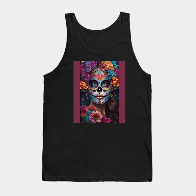 Fiesta of Colors: Woman in Sugar Skull Makeup Art Tank Top by ImaginativeInkPOD